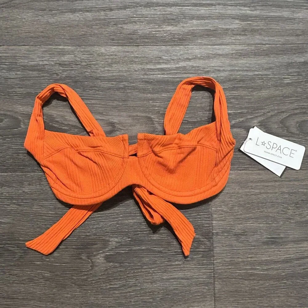 NWT L*Space Small Camellia Top Orange Poppy Tie Back Demi Cup Ribbed Swim